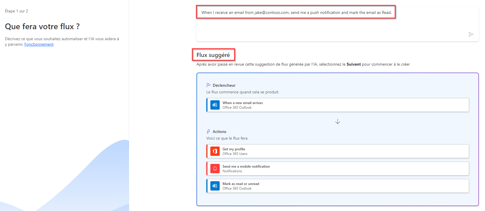 Capture d’écran du déclenchement d’un flux de cloud en fonction de l’expéditeur d’un e-mail dans Copilot.