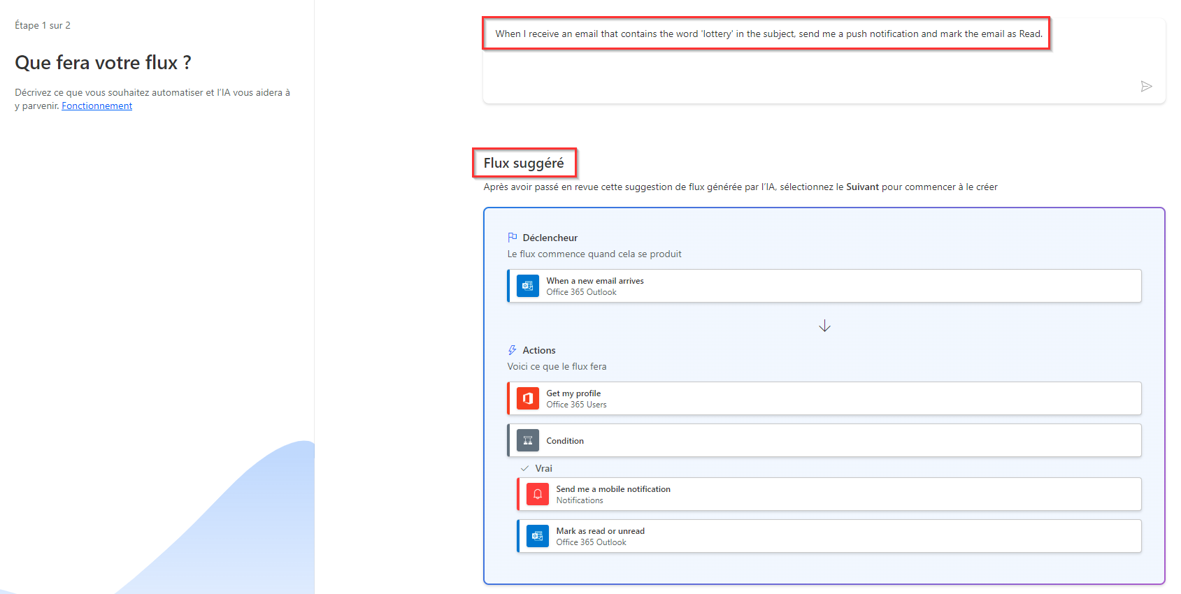 Capture d’écran du déclenchement d’un flux de cloud en fonction de l’objet d’un e-mail dans Copilot.