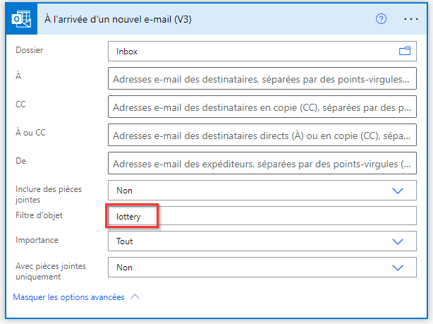 Capture d’écran des options avancées.