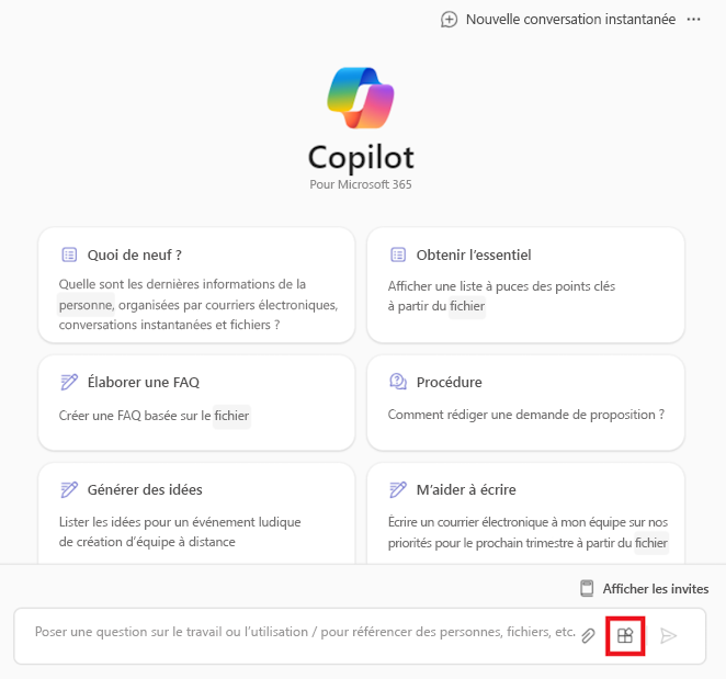 Capture d’écran de l’application de la conversation instantanée Microsoft 365 Copilot.