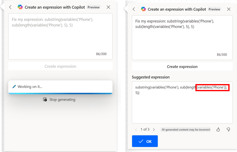 Capture d’écran d’une suggestion de correctif pour une expression erronée.