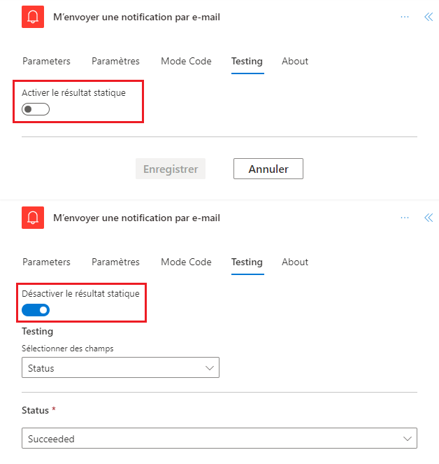 Capture d’écran du bouton bascule « Activer ou désactiver le résultat statique » dans l’onglet Test.
