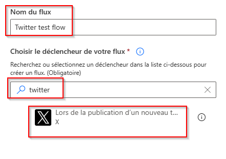 Capture d’écran du nom de votre flux et de la recherche du déclencheur Twitter.