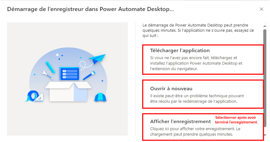 Capture d’écran de l’écran « Lancement de l’enregistreur dans Power Automate bureau »