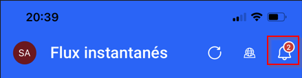 Capture d’écran d’une partie de l’écran de l’application mobile Power Automate avec l’icône de cloche de notification en surbrillance.