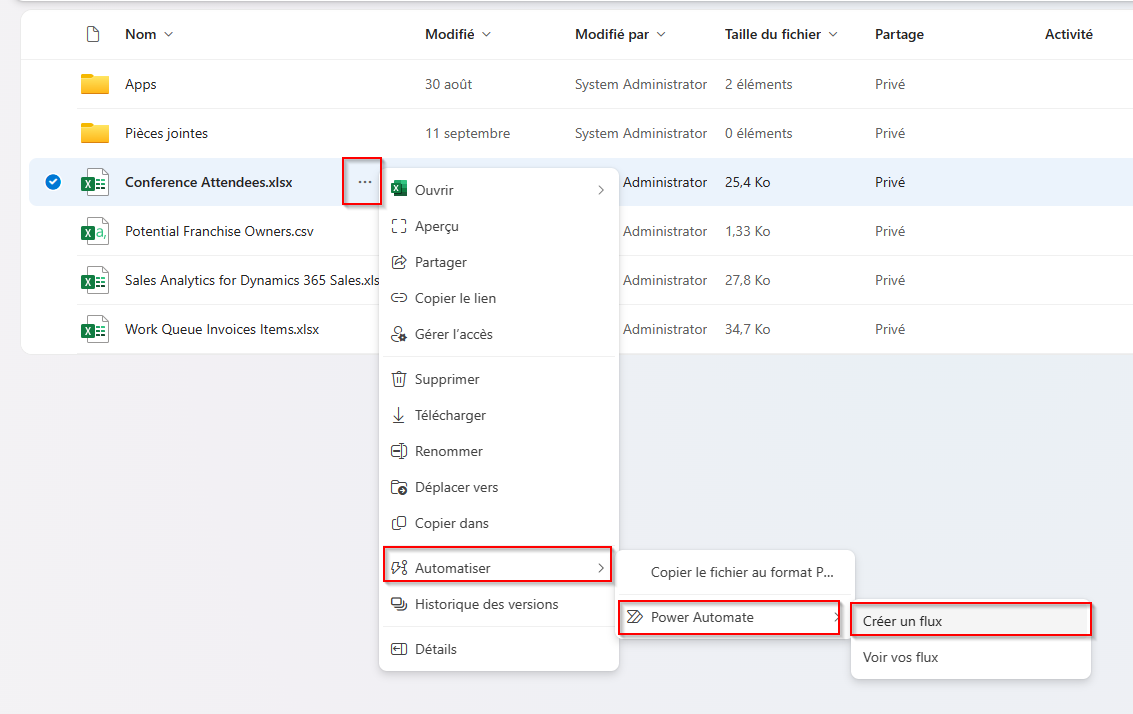 Capture d’écran de l’option pour créer un flux de cloud pour un fichier.