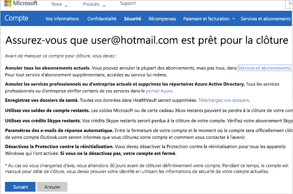 Capture d’écran de la page du portail de fermeture de compte Microsoft.