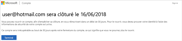 Capture d’écran de la page du portail de fermeture de compte Microsoft.