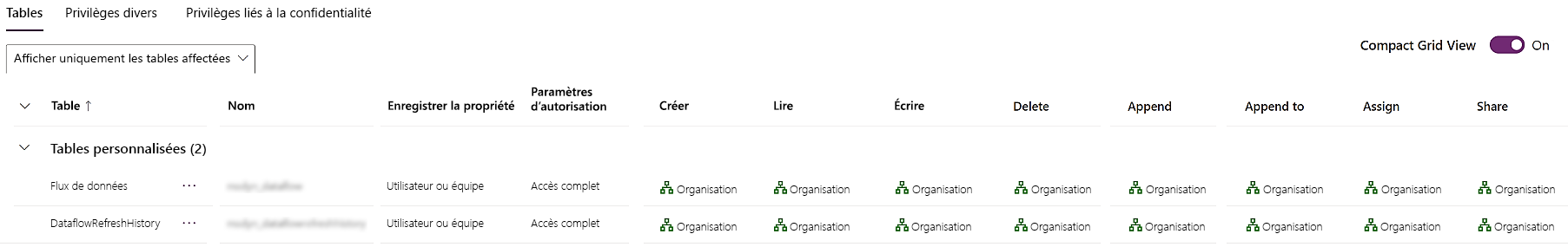 Capture d’écran des privilèges dans les tables de flux de données pour le rôle Créateur d’environnement.