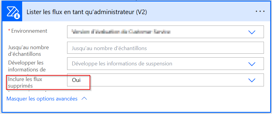 Capture d’écran de l’ajout de l’action « Répertorier les flux en tant qu’administrateur ».