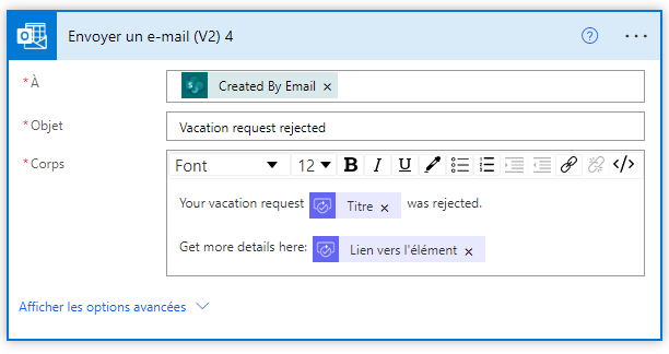 Capture d’écran de la configuration pour les demandes rejetées.