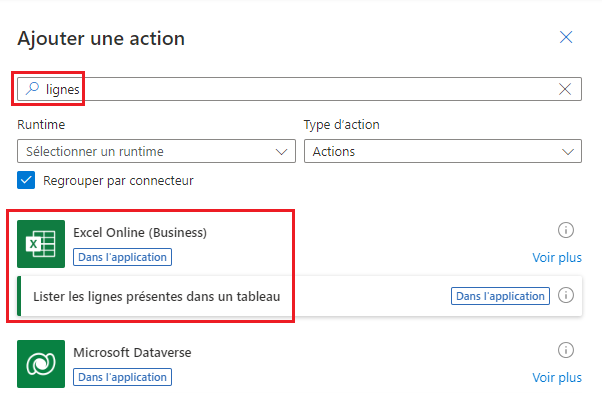 Capture d’écran de la liste des lignes dans une table dans Copilot.