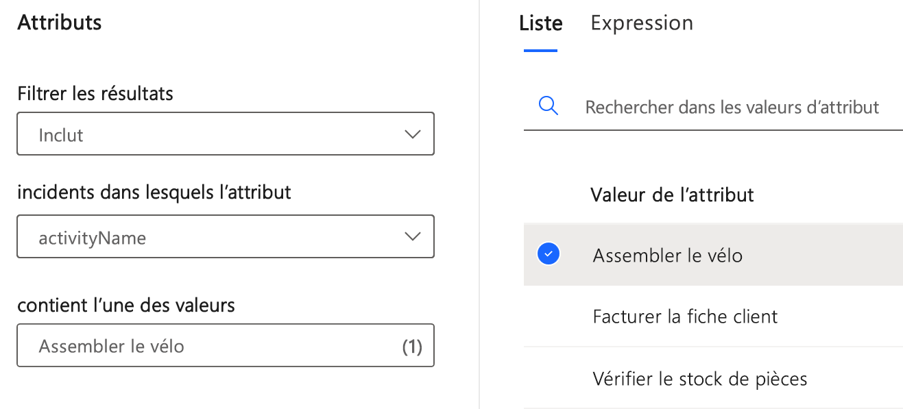 Capture d’écran du filtre des attributs.