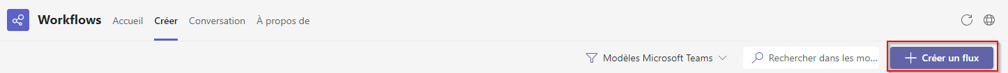 Capture d’écran du bouton « Créer un flux » dans l’application Workflows.