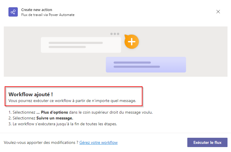 Capture d’écran d’un message de confirmation indiquant « Workflow ajouté avec succès ».