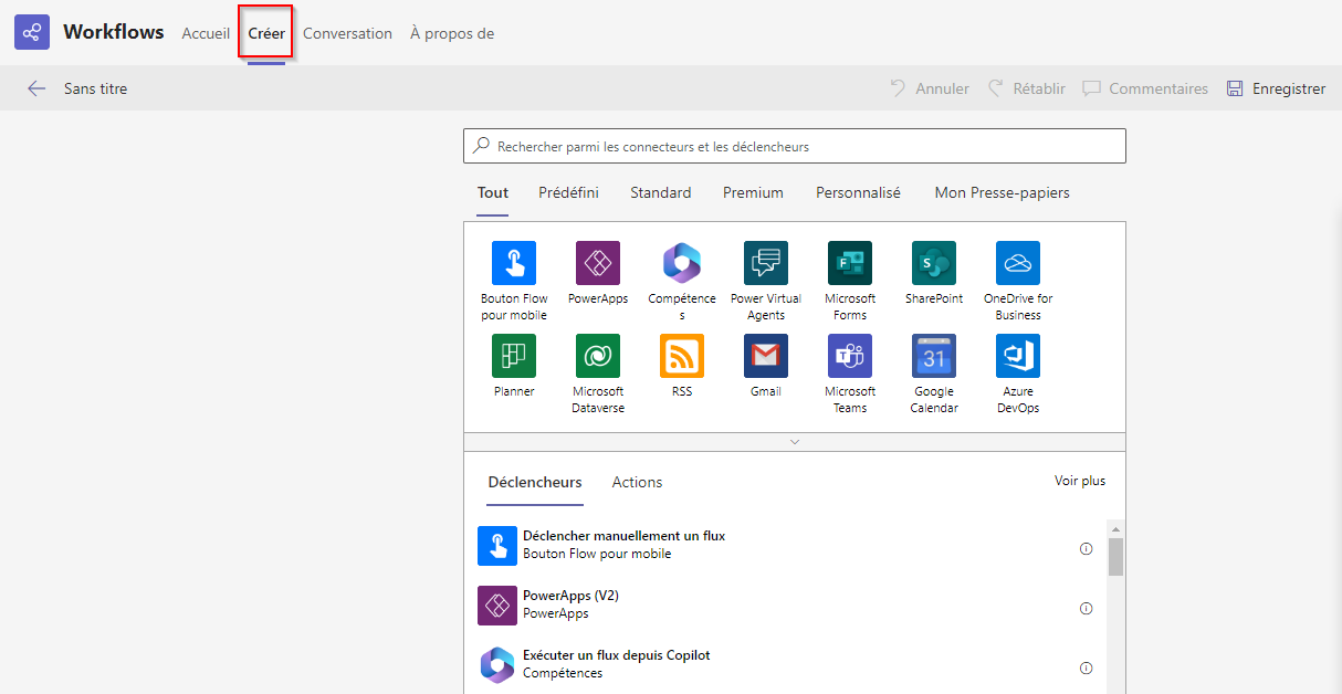 Capture d’écran de l’onglet « Créer » dans l’application Workflows.