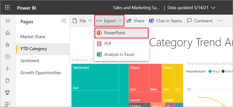 Capture d’écran montrant les sélections de la barre de menus Exporter > PowerPoint.