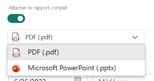 Capture d’écran affichant la liste déroulante Attacher le rapport complet.