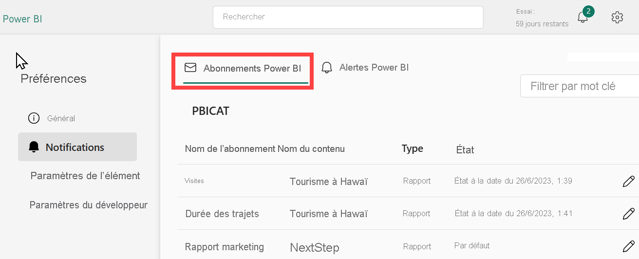 Capture d’écran affichant le volet Notifications avec l’abonnement Power BI entouré de rouge.