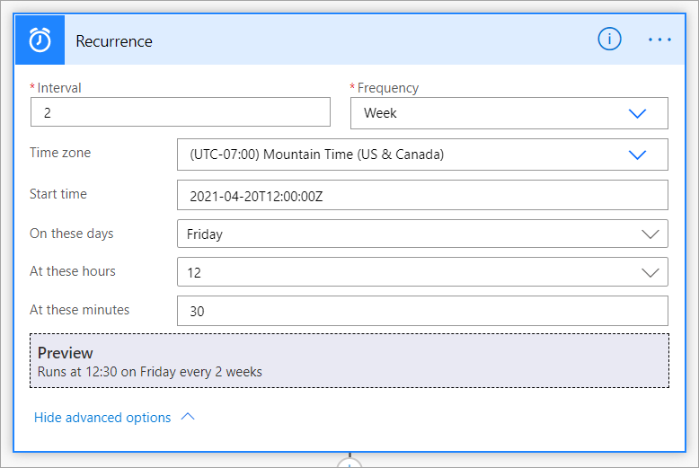 Screenshot that shows the option to select advanced recurrence options.