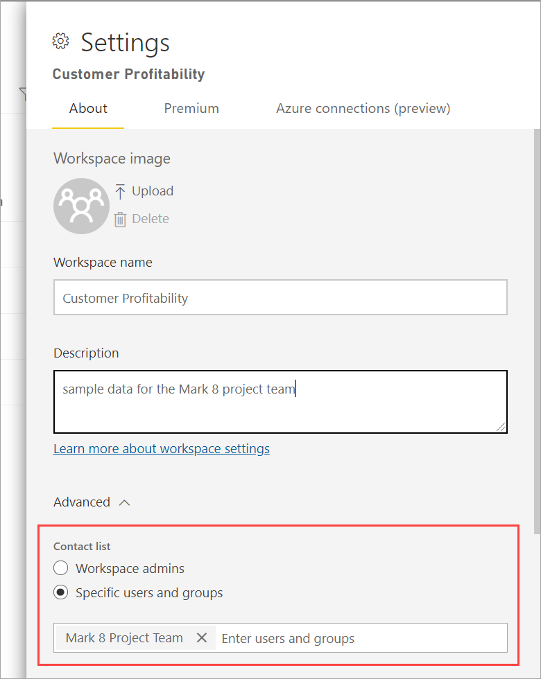 Capture d’écran de l’option Contacts de l’espace de travail.