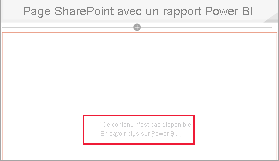 Capture d’écran de la page SharePoint avec le rapport Power BI montrant le message du contenu non disponible.