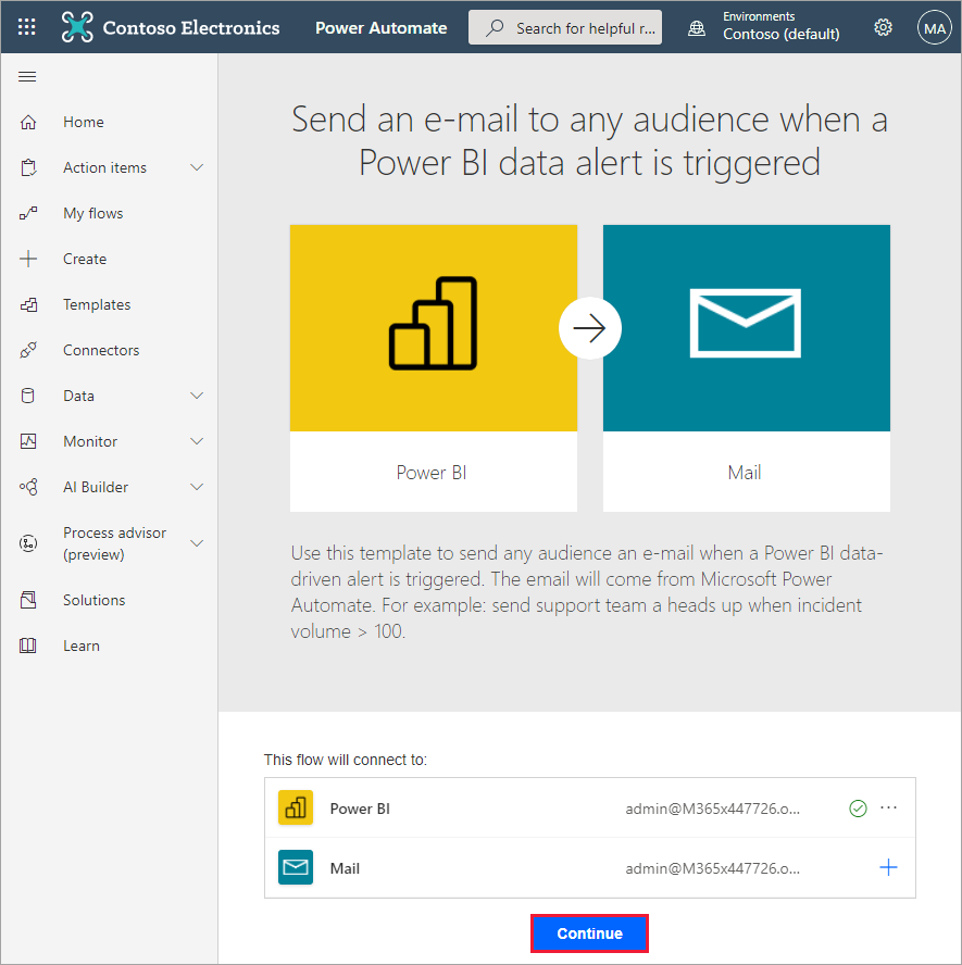 Screenshot of the Power Automate, Power BI to mail option.