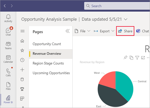 Capture d’écran de l’exemple de rapport Opportunity Analysis (Analyse des opportunités) dans l’application Microsoft Teams avec Revenue Overview (Vue d’ensemble des revenus) affiché et l’option Share (Partager) sélectionnée.