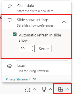 Capture d’écran montrant l’option Paramètres du diaporama dans les options de complément Power BI.