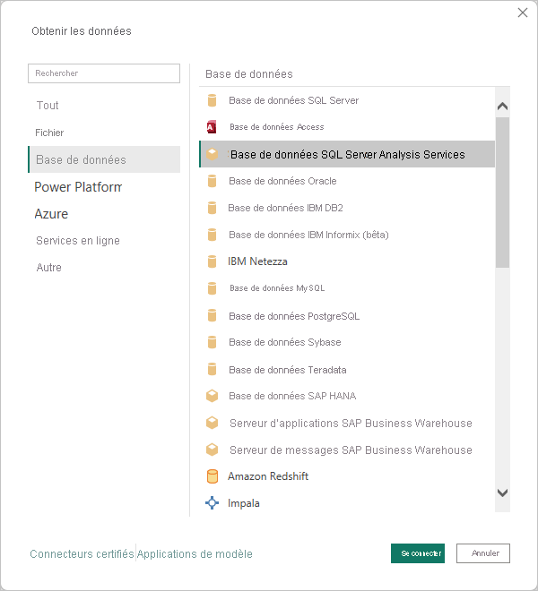 Capture d’écran montrant la boîte de dialogue Obtenir des données avec la base de données SQL Server Analysis Services sélectionnée.