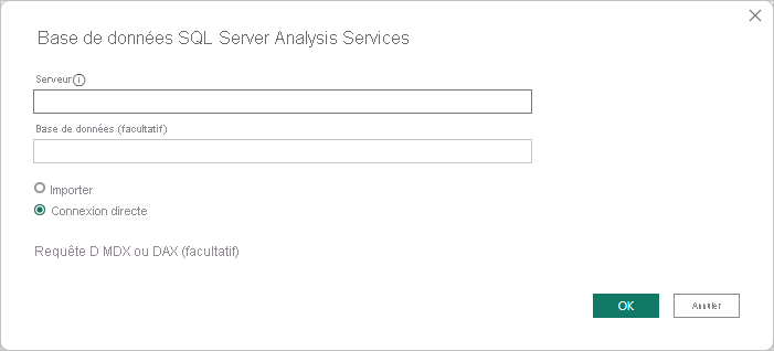 Capture d’écran de la fenêtre Base de données SQL Server Analysis Services.