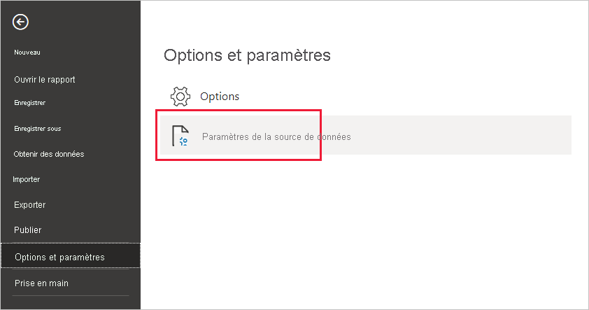 Capture d’écran montrant la sélection de paramètres de source de données sous Options et paramètres.