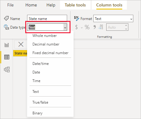 Capture d’écran de la vue Table, montrant la sélection de la liste déroulante Type de données.