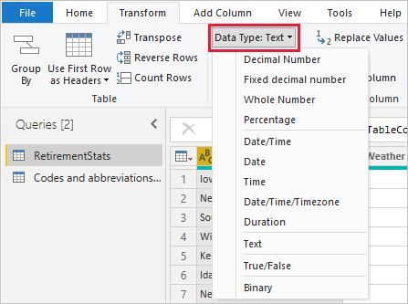 Capture d’écran de l’éditeur Power Query, montrant la sélection déroulante type de données.