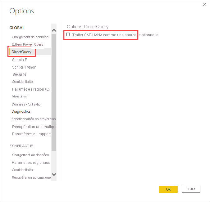 Capture d’écran de la boîte de dialogue Options, montrant les options DirectQuery.