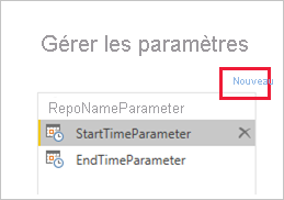 Capture d’écran montrant l’option New (Nouveau) pour créer un autre paramètre.