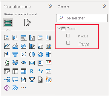 Screenshot shows the table created with the two fields loaded into Power BI Desktop.