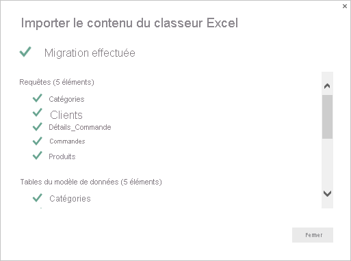 Capture d’écran montrant la page récapitulative Importer le contenu du classeur Excel.