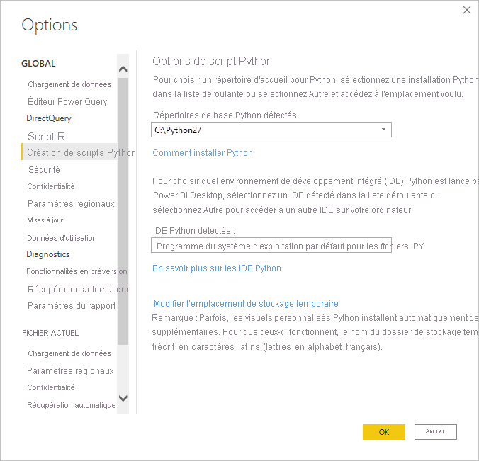 Screenshot of the Options dialog, showing Visual Studio Code entered in the Detected Python IDE field.