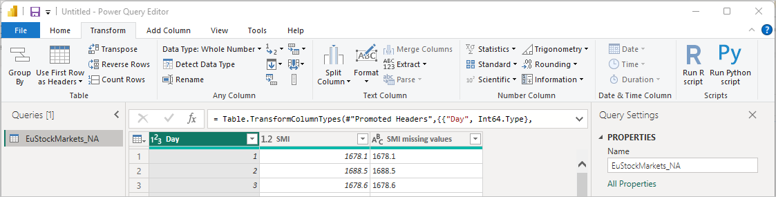 Screenshot of the Transform tab, showing rows of data.