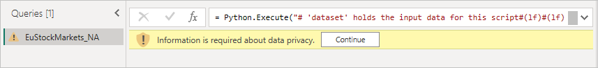 Screenshot of the Power Query Editor pane, showing the warning about data privacy.