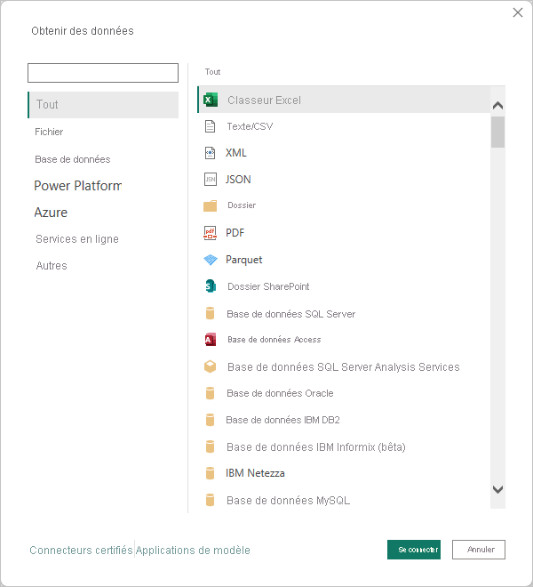 Screenshot shows the Get Data dialog with All and Excel selected.