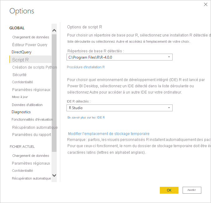 Screenshot of the Options dialog, showing R Studio is entered in the Detected R I D E field.