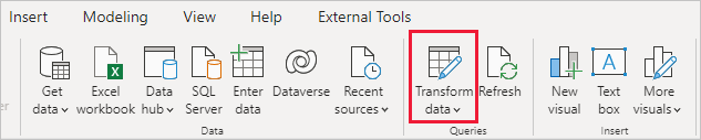 Screenshot shows the Home ribbon with Transform data highlighted.