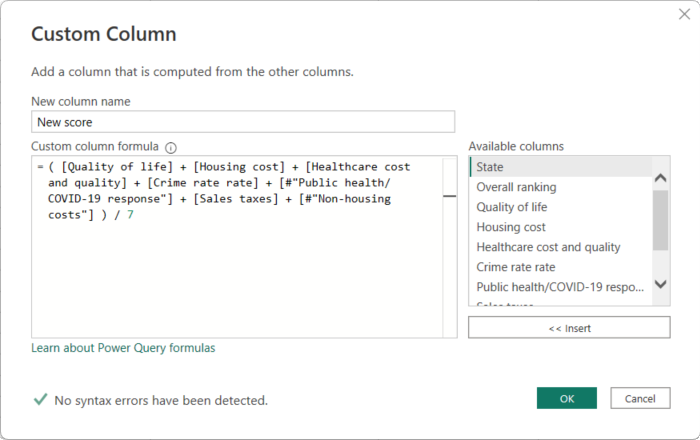 Capture d’écran de la boîte de dialogue Custom Columns (Colonne personnalisée) de l’Éditeur Power Query avec correction des erreurs de formule.