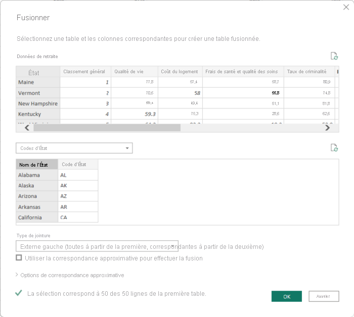 Capture d’écran de la boîte de dialogue Fusionner de l’Éditeur Power Query.