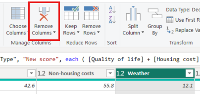 Capture d’écran du menu Accueil de l’Éditeur Power Query avec le bouton Supprimer les colonnes en évidence.