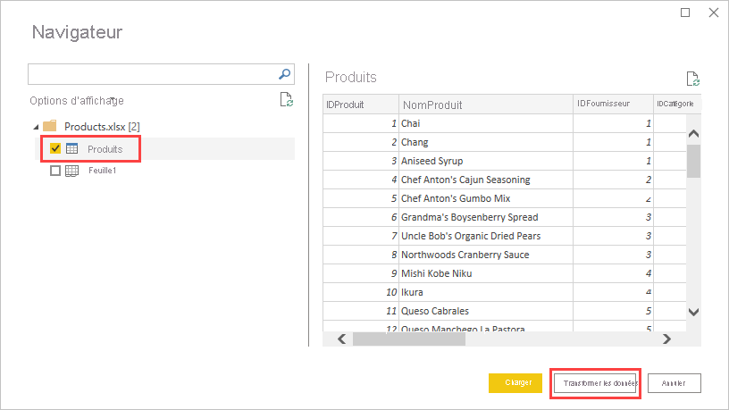 Screenshot that shows the Navigator screen with the Products table highlighted.