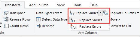Capture d’écran montrant une colonne mise en surbrillance avec l’option Remplacer les valeurs sélectionnée dans le ruban.