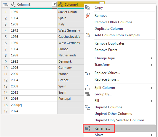 Capture d’écran montrant l’option Renommer sélectionnée dans le menu contextuel d’une colonne.